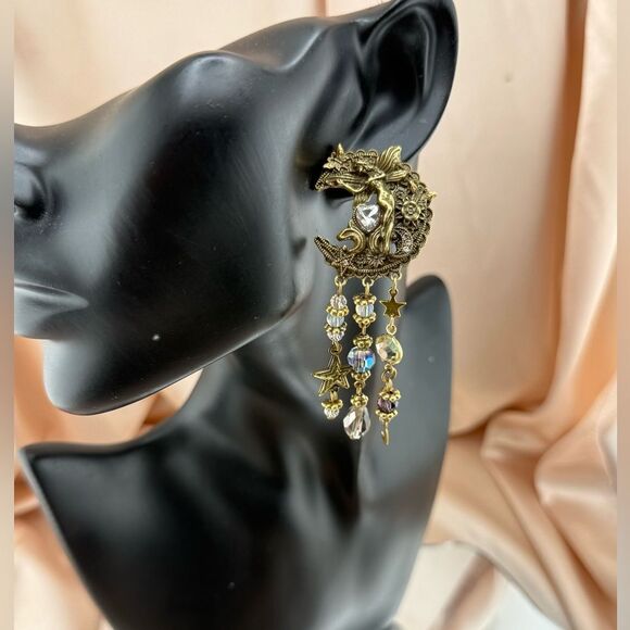 Mystical Mermaid & Moon Dangle Earrings – Vintage Gold Sterling Silver Stud - Picture 3 of 6